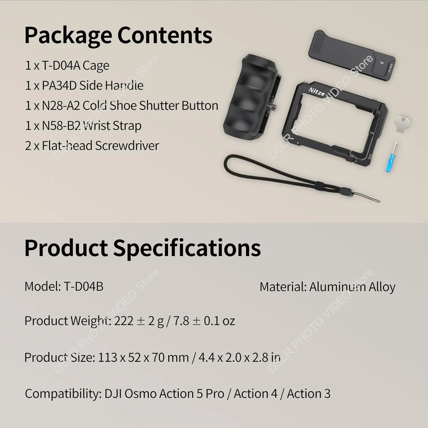Nitze Cage for DJI Osmo Action 5 Pro/Action 4 / Action 3, Aluminum Xplorer Grip Kit, with Handle, Wrist Strap