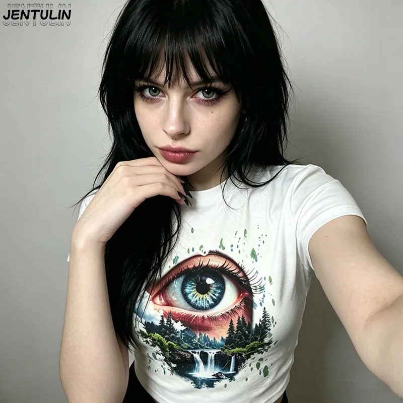 Men Hip Harajuku Eye Forest Waterfall Creative Visual Design Graphic White Short sleeved T-shirt Casual Top Unisex Y2k Clothing