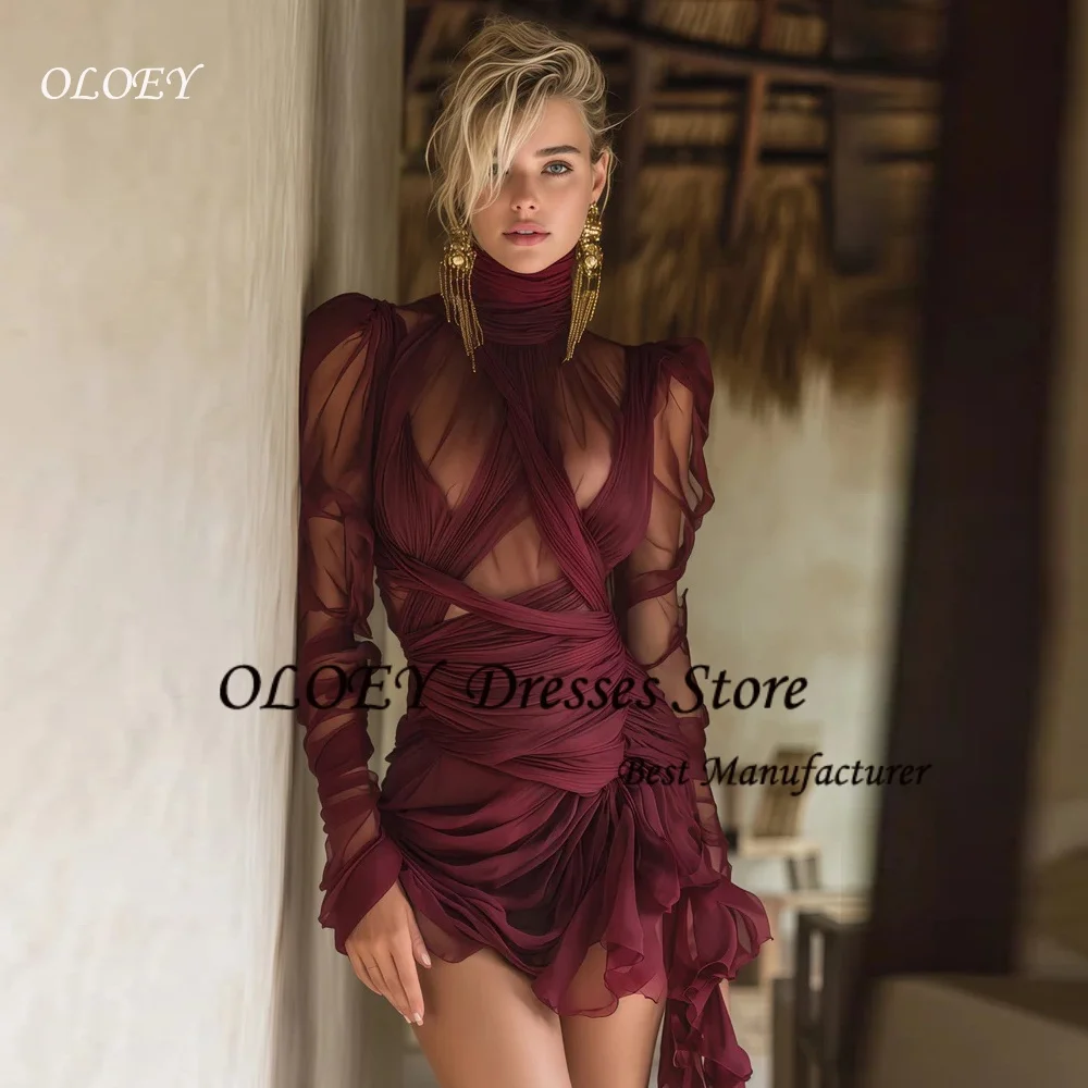 

OLOEY High Neck Sexy Burgundy Illusion Prom Dresses Pleated Cap Sleeves Mini Dress Ruffles Birthday Party Gowns Customized