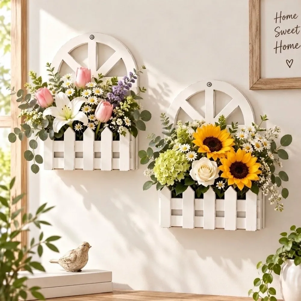 White Garden Fence Flower Pot Hanging Handmade Wall Hanging Planter Picket Fence Design Wooden House Shape Planter Wall Decor