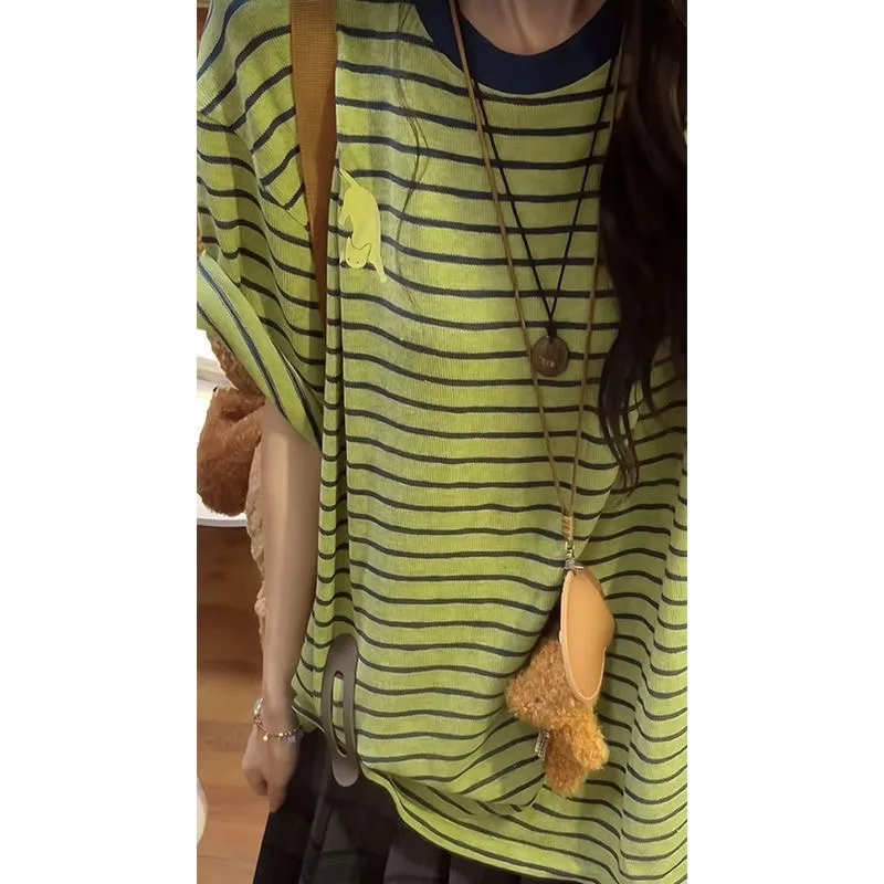

Cat Printed Stripe T shirt Women 100 Cotton Summer Y2K Tshirt 2025 Japanese Style Clothing Short Sleeve Top Vintage Oversize Tee