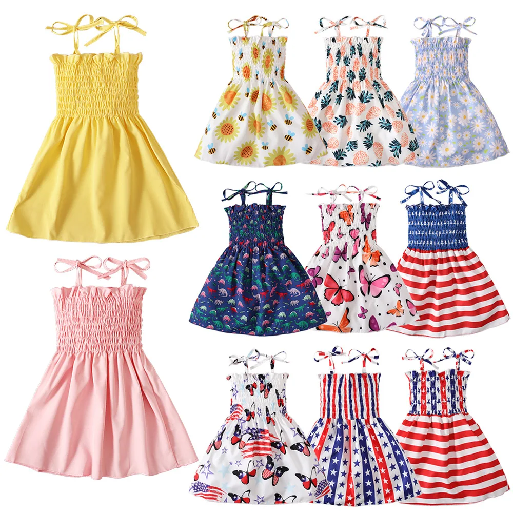 1T-5T Summer Girls Lace Up Halter Print Dress Children Clothes  Girls Dress  Baby Girl Dress  Kids Clothes