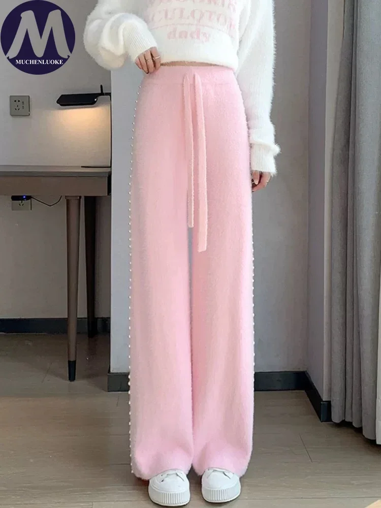 กางเกงผู้หญิงกางเกงถักขนเทียมขนมิงค์ MODE Korea ใหม่กางเกงลำลองทรงหลวมอบอุ่นกางเกงผู้ชายขาสามส่วนใหม่สำหรับฤดูใบไม้ร่วงและฤดูหนาว