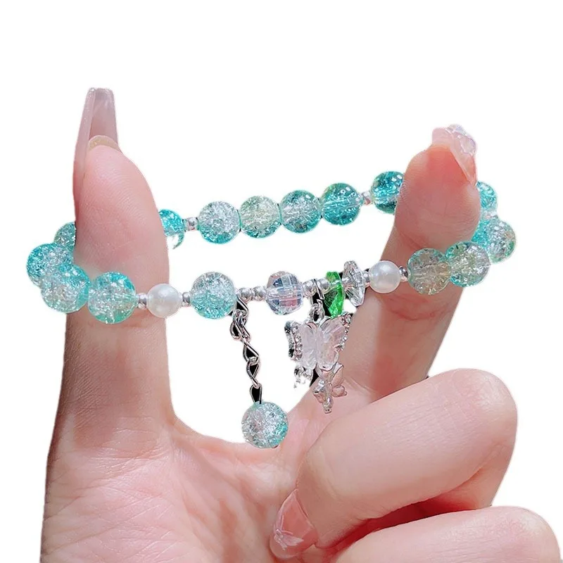 Hot Selling Butterfly Shape Ice Cracking Crystal Beaded Strand Hand Bracelets for Women Girls Student Low Price Jewelry YBR1171