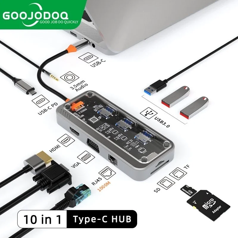 Type C HUB e USB 3.0 HUB 10 em 1 porta divisor PD1000W 4K HDMI VGA RJ45 PD TF/SD para laptops