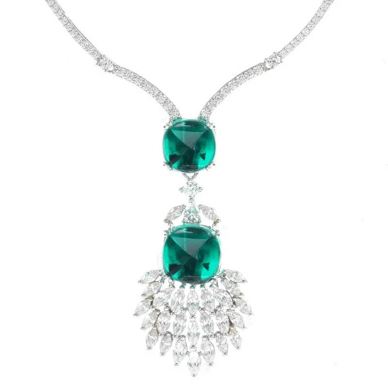 

BELLUX 925 Silver Synthetic Zircon Emerald Sugar roof Cut Fashion Necklace Luxury Wedding Party Banquet Jewelry