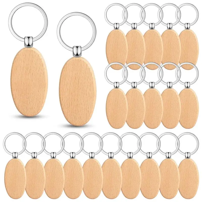

AF89-100PCS Wooden Keychain Blanks Wood Key Chain Bulk Unfinished Wooden Engraving Key Tag Ring For DIY Gift Crafts