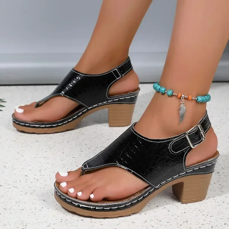 Thick Heel Summer Fashion Peep Toe Shoes Mid Heel Shallow Shoes for Women 2024 New Buckle Strap Concise Adult Women's Sandals