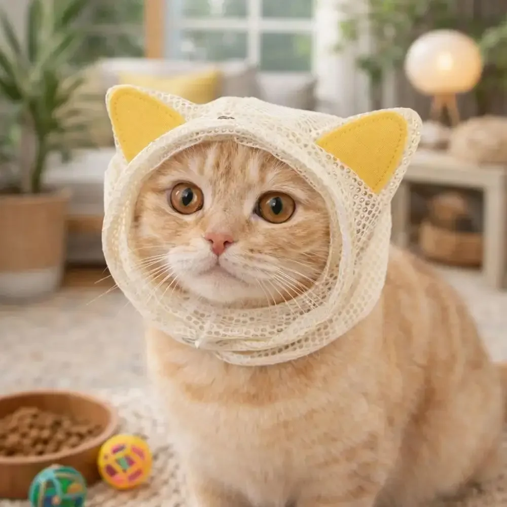 Comfortable Polyester Pet Hood Scratch Resistant Adjustable Drawstring Cat Hoo Anti Blocking Beige Anti Licking Pet Hood