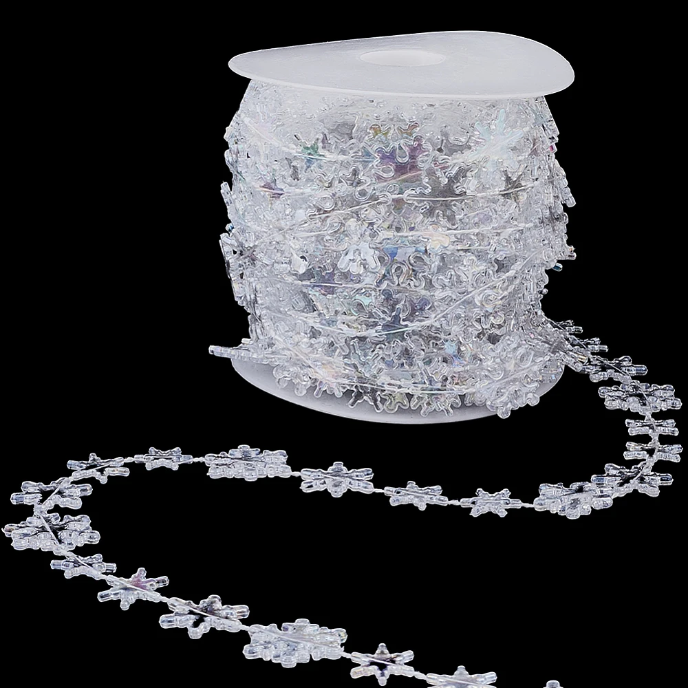32.8 Feet/10M Christmas Bead Trim Crystals Garland Beads Bulk White Plastic Holiday Soldered Snowflake Shaped Clear Beaded Trims