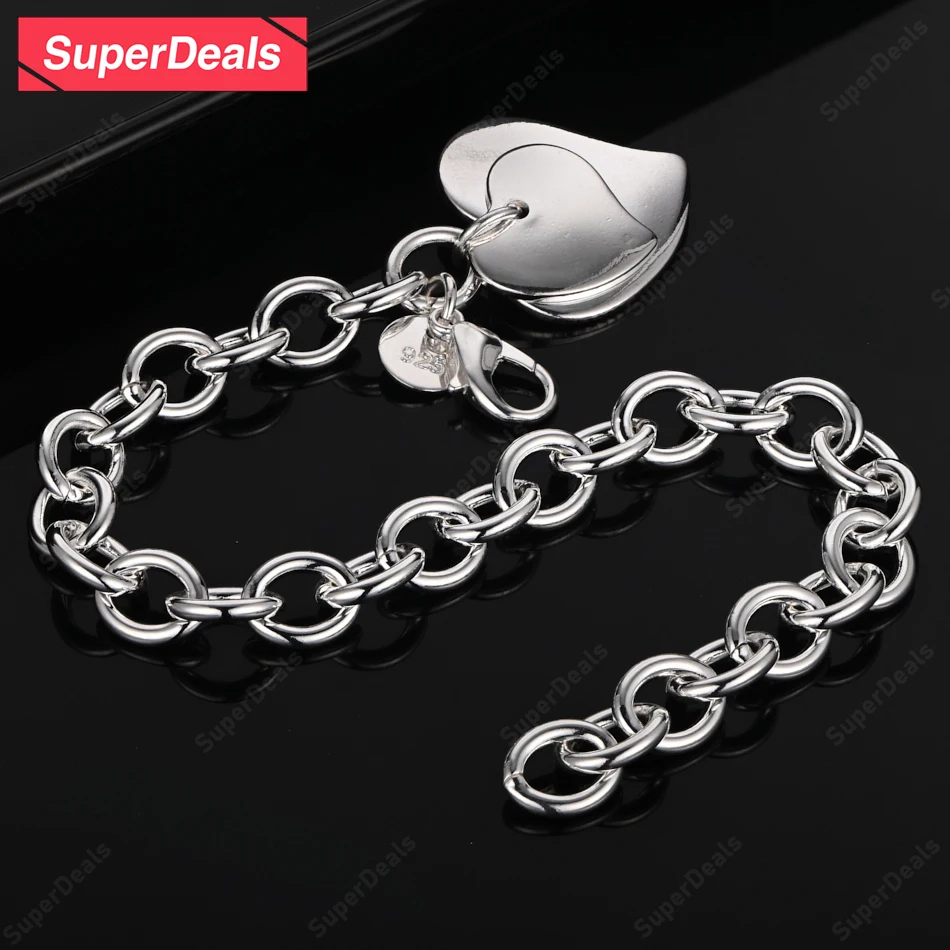 

SuperDeals 925 Sterling Silver Heart Bracelet Women Party Couple Jewelry Sweet Engagement Wedding Beautiful Gift Accessories