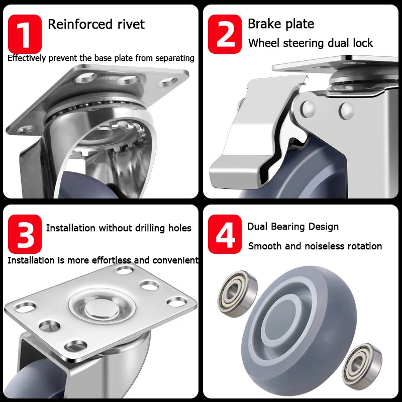 304 Stainless Steel Swivel Casters 1.5/2/3/4/5 Inches TPR Silent Rubber Wheels Waterproof Rustproof Furniture Casters Hand Truck image 4