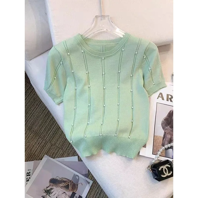 

Nice 2025 Women's Clothing Summer Tops Tees New Simple Versatile Niche Slim Fit Knitted Short Sleeved T-shirt Women Thin T-Shirt