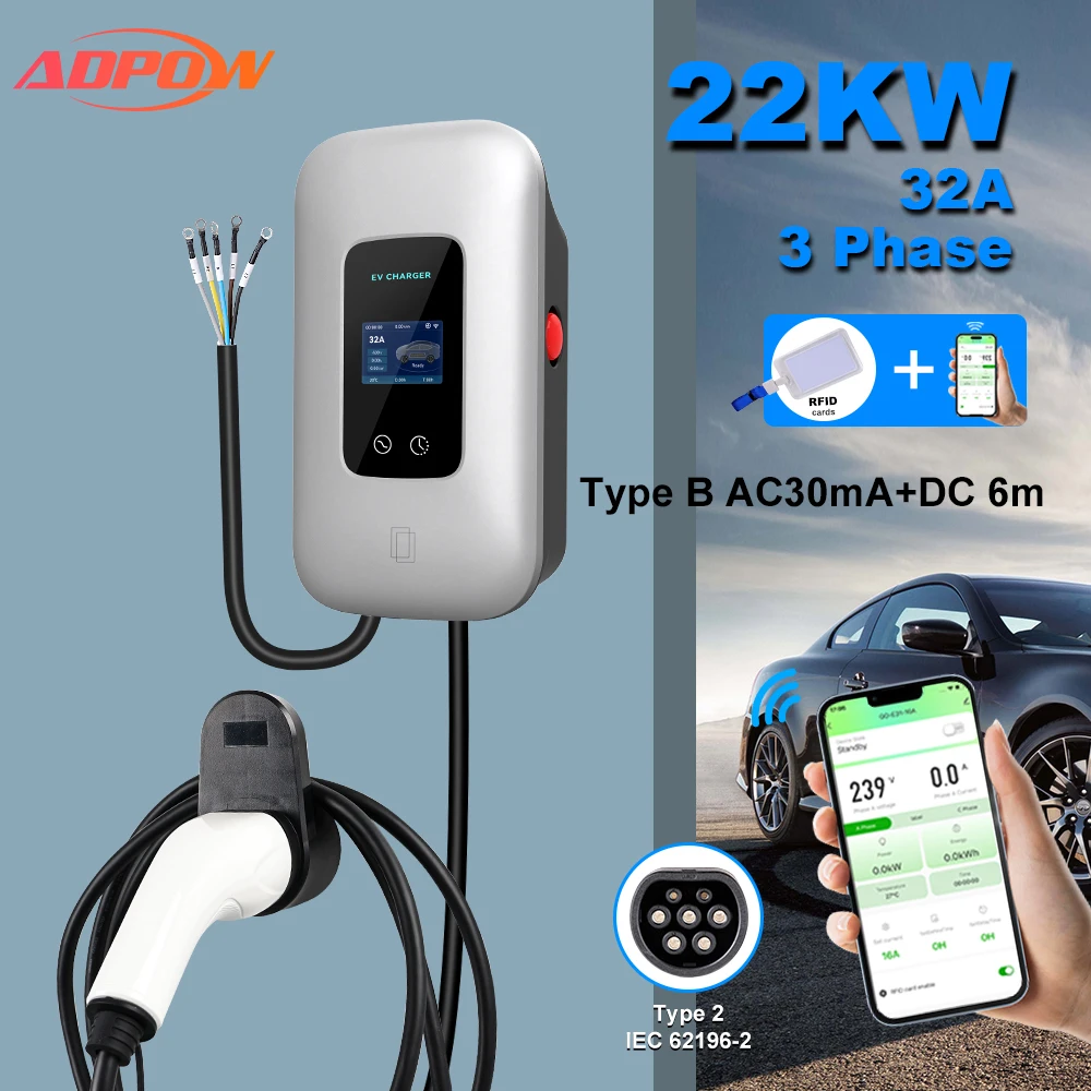 

ADPOW 32A Type2 EV Charging Station 22KW Type B Leakage Protection Wallbox Charger Current Adjustable WIFI APP Control EVSE