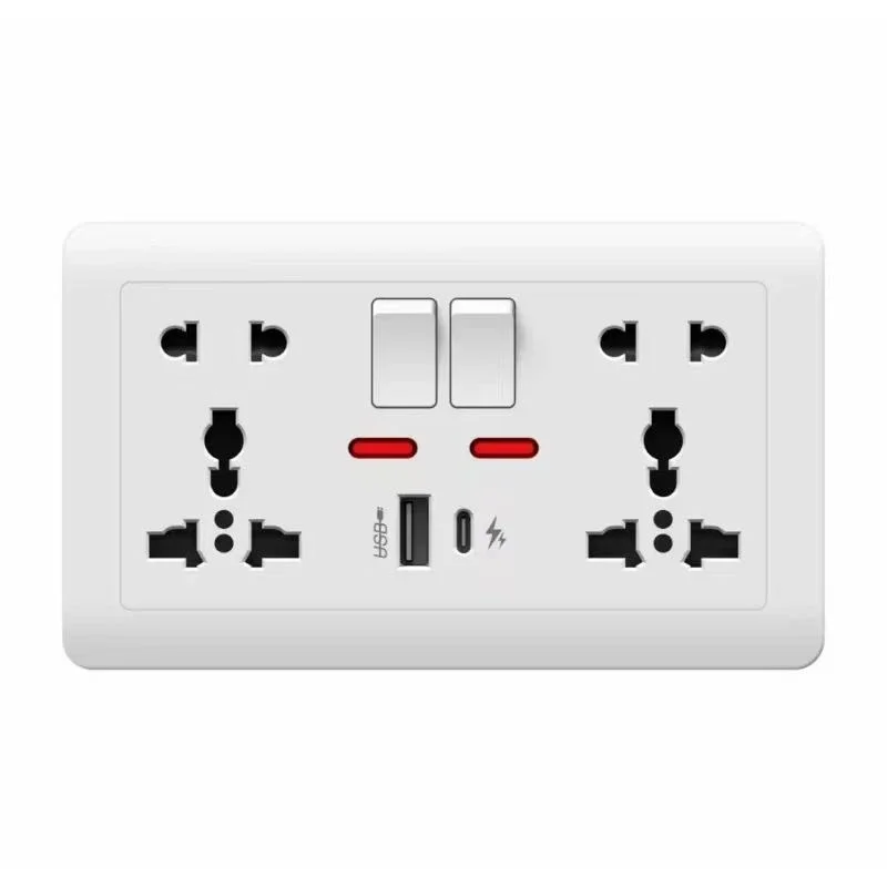 86/146 Wall Power Supply Multi-function 3/5-pin Universal Socket with 2.1A  10W Dual USB Type-c Charging Ports, 13A UK Socket
