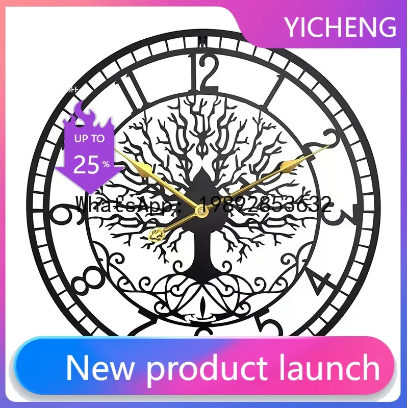 Hollow black metal line plant wall hanging wall clock tree of life clock gift