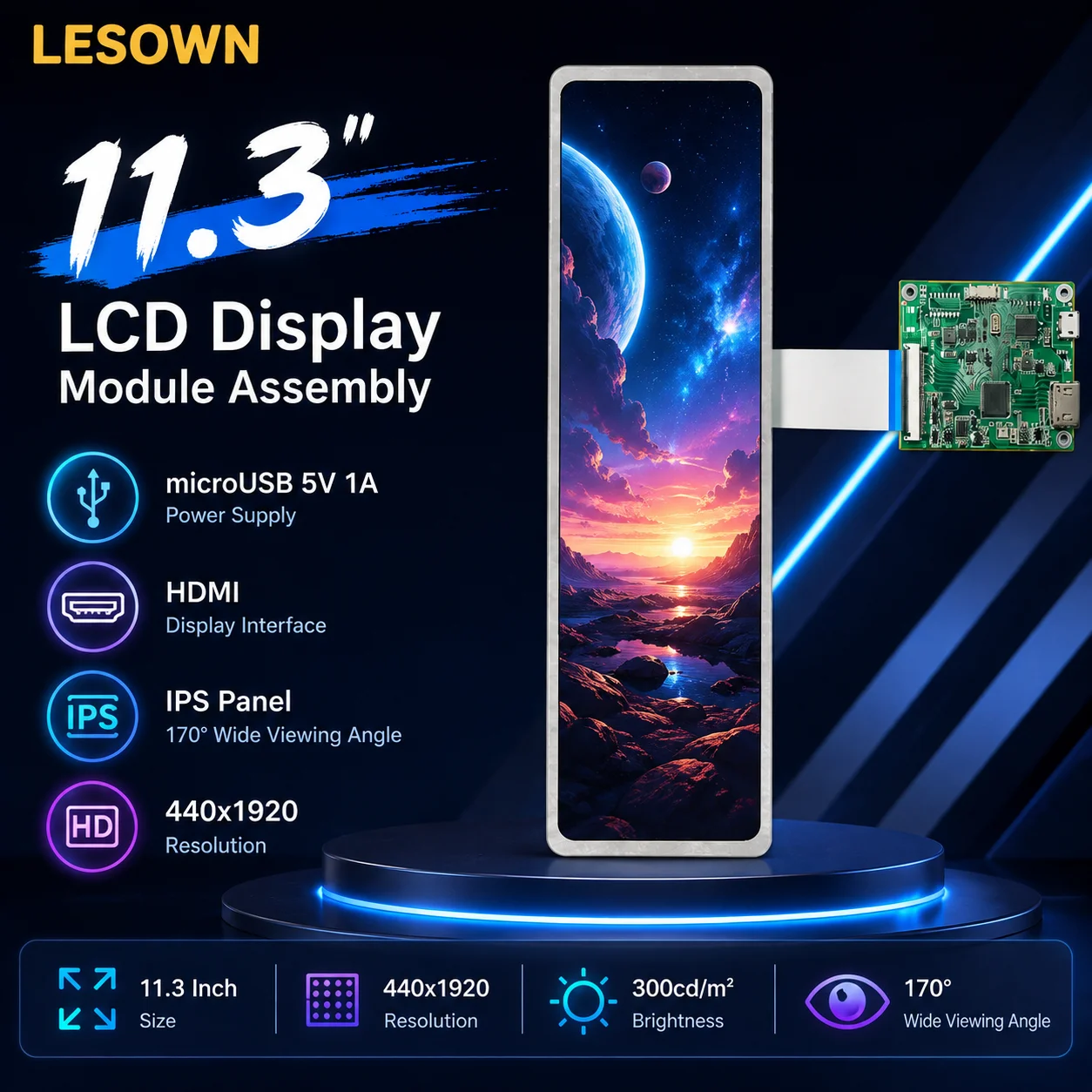 LESOWN 11.3" 440x1920 Stretched LCD Monitor Panel with HDTV Cable Plug and Play Bar Display for PC Case