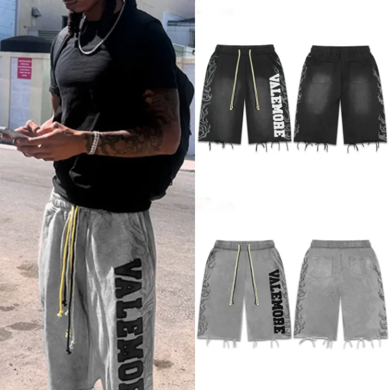 Fall Winter New Arrival VALLEY Unisex French Terry Sweat Shorts Flame Side Print Raw Hem Drawstring Streetwear Casual Shorts