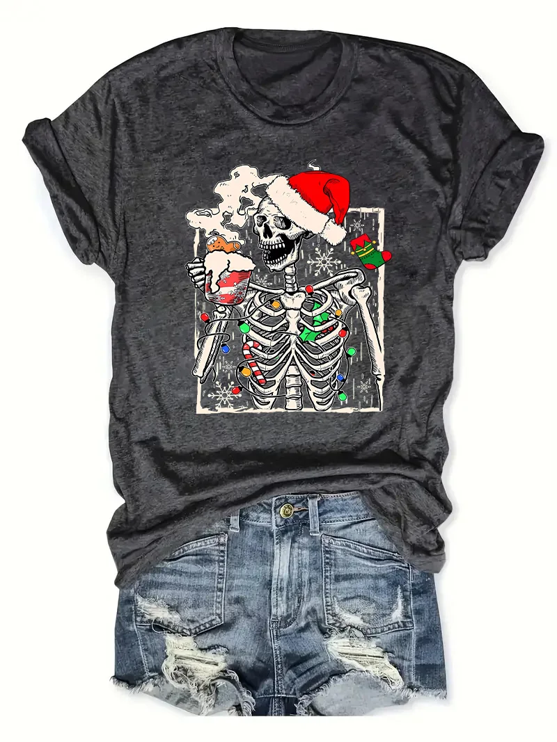 Camiseta estampada de Natal primavera e verão, camiseta casual de manga curta com gola redonda, roupas femininas da moda