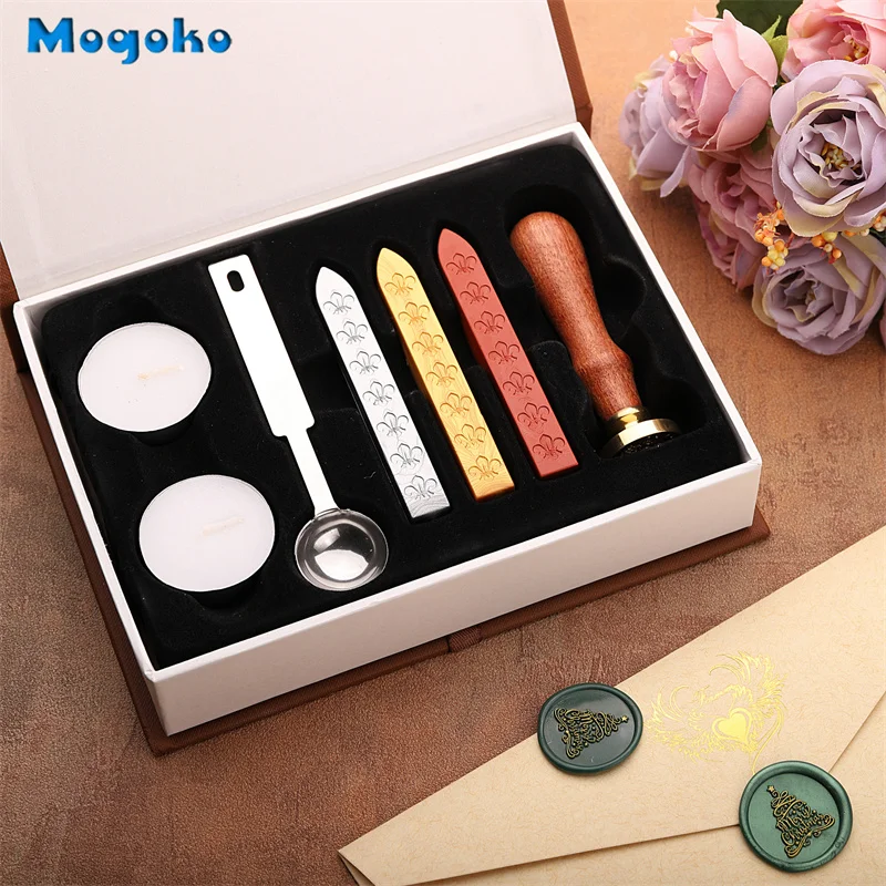 Mogoko New Merry Christmas Rose Sealing Wax Stamps W/ Seal Wax Sticks Without Wicks Spoon Candles Kit for Invitation Cards Decor