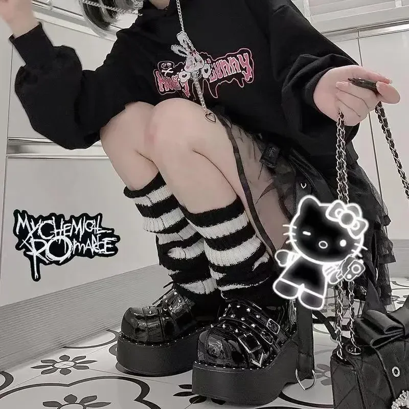 Y2k Goth Lolita Girls Cute Striped Knit Leg Warmers JK Uniform Gothic Women Leggings Gaiters Knee Knitted Cuffs Ankle Warmer