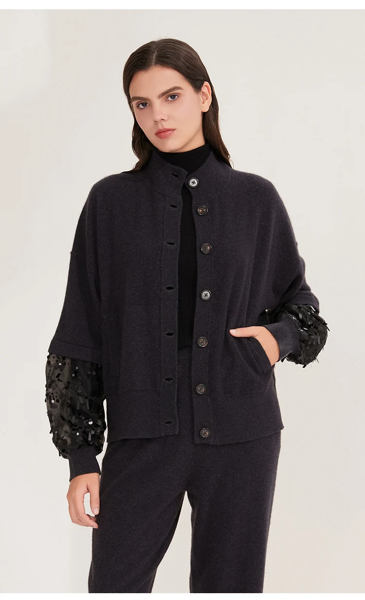 BD4521243 Damen-Kaschmir-Cardigan mit Knöpfen, Stehkragen, Langen Ärmeln, Organza-Pailletten-Manschetten, Lockerer Schnitt, Winter-Strickware – Detail 7