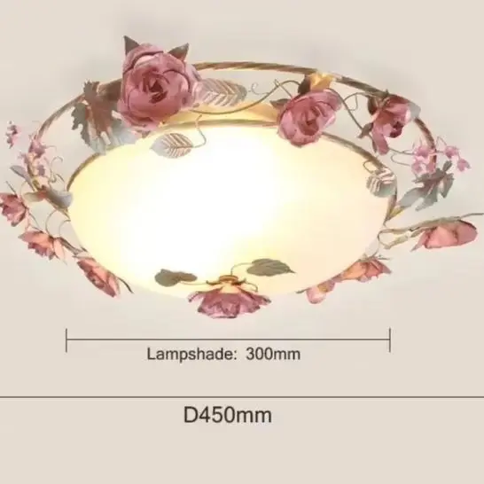 French Romantic Garden Decorative Glass Light Pink Rose Blossoms Children's Princess Room Ceiling Lamp Theme Restaurant Lighting