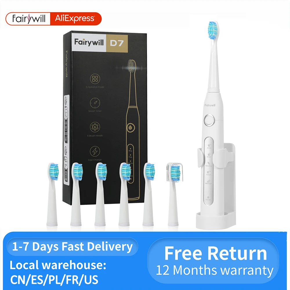 Fairywill Elektrische Schallzahnbürste, USB-Aufladung, FW-D7, wiederaufladbar, wasserdicht, elektronische Zahnbürsten, Ersatzköpfe für Erwachsene