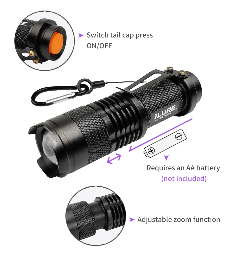 ILURE UV-Taschenlampe LED Ultraviolett-Taschenlampe Zoombare Mini-UV-Leuchte 395nm Angelköder Tintenfisch-Jigs Zusatzlicht Werkzeuge – Detail 4