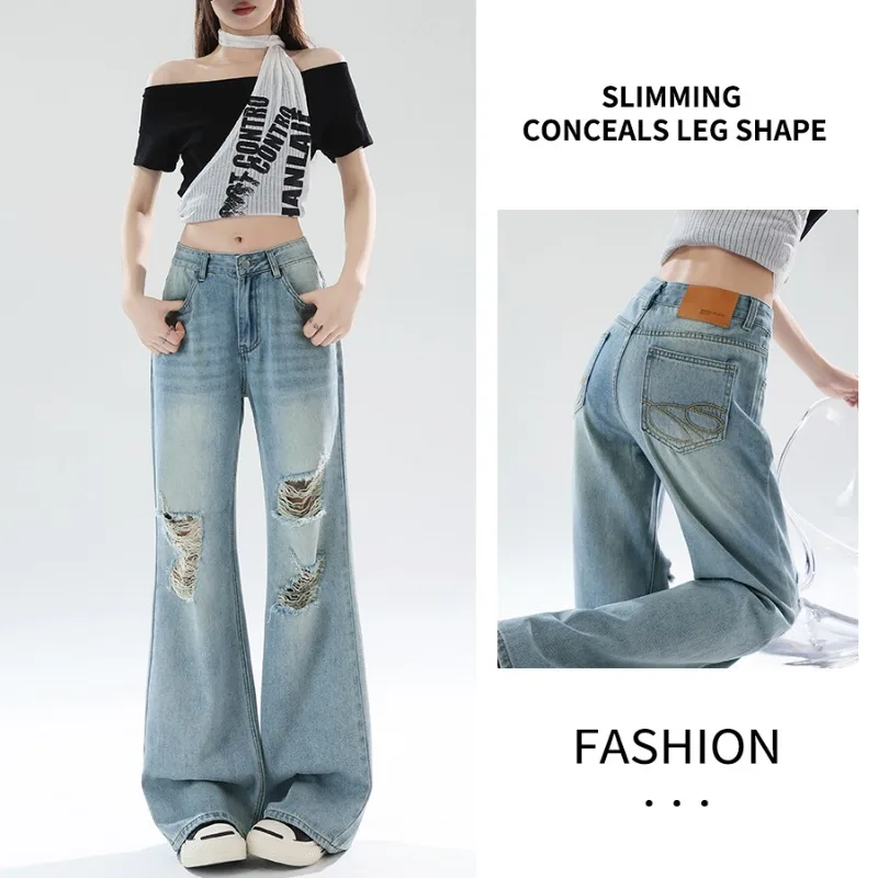 

Womens Pants Light Blue Summer New Crystal Torn High Waist Slim Baggy Distressed Washed Flared Floor Length Womens Jeans