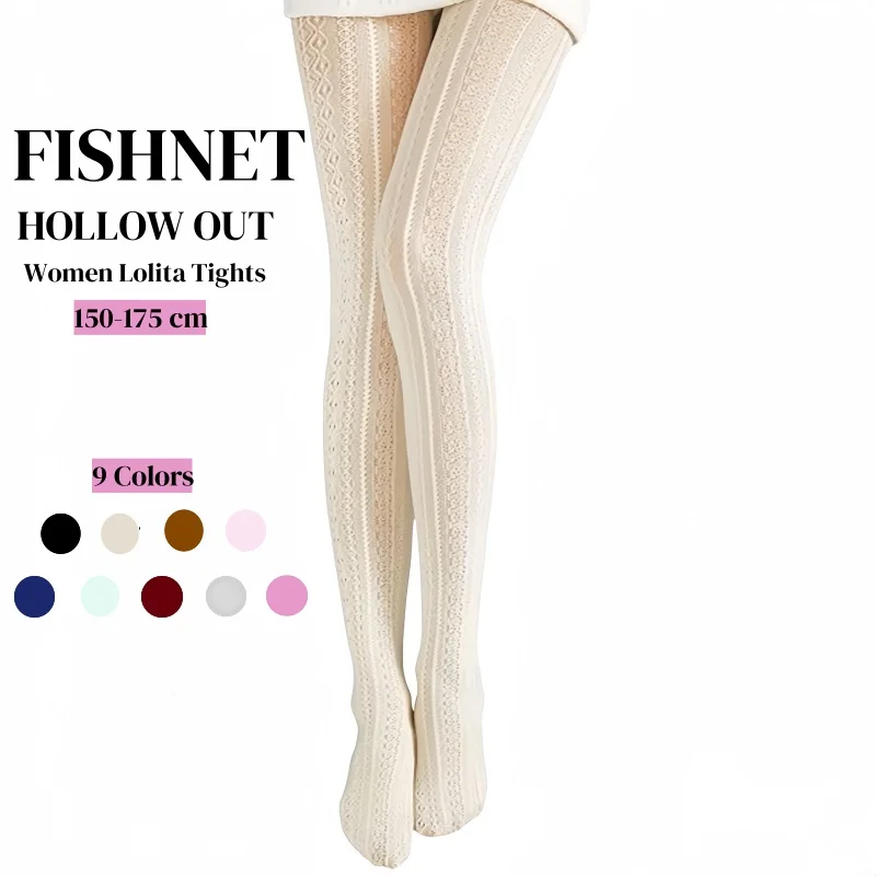 DOIAESKV Sweet Women Lolita Stockings Kawaii Sexy Thin Pantyhose Stripe White Fishnet Stockings Hollow Out Lace Nylon Tights