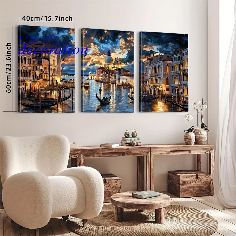 2D flat Framed, 3pcs Venice sunset canvas art print, Goethe ship on the Grand Canal at dusk, modern Mediterranean coastal sty