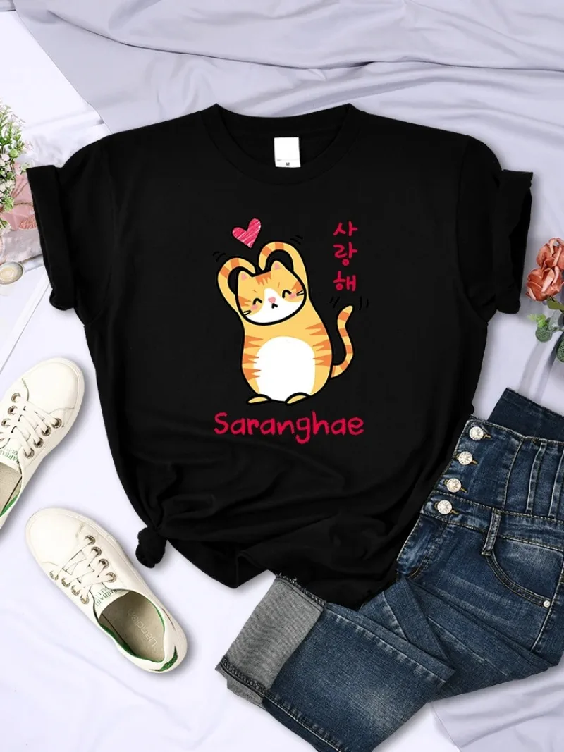 Camiseta de manga corta de Hip Hop para mujer, camiseta divertida de gran tamaño transpirable, top A Heart Little Orange Cat, bonita camiseta de dibujos animados para mujer