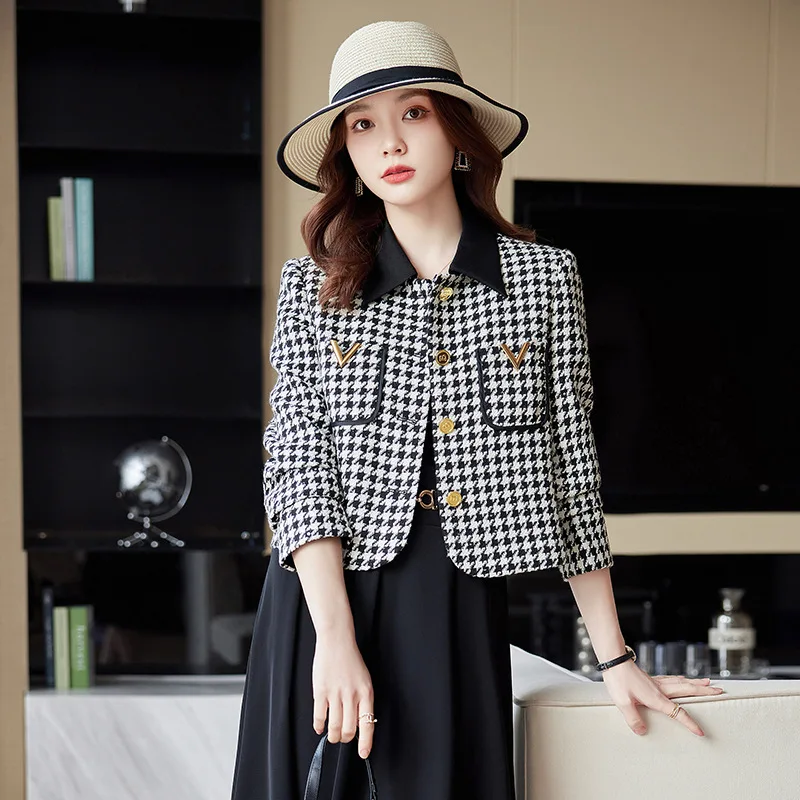 High quality wool blend blazer for women short plaid jacket single breasted spring 2024 elegant fashion clothes - white purple