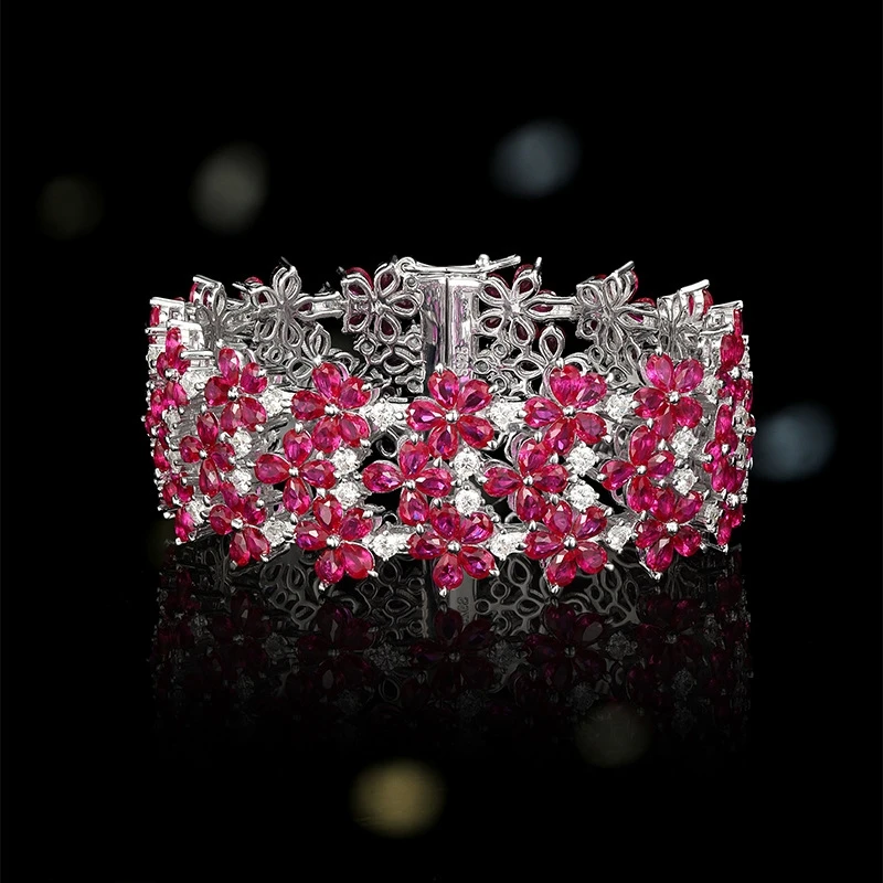 

Браслет BELLUX класса люкс с красным цветком из рубина и корунда, полностью инкрустированный бриллиантами, из чистого серебра S925 для женщин