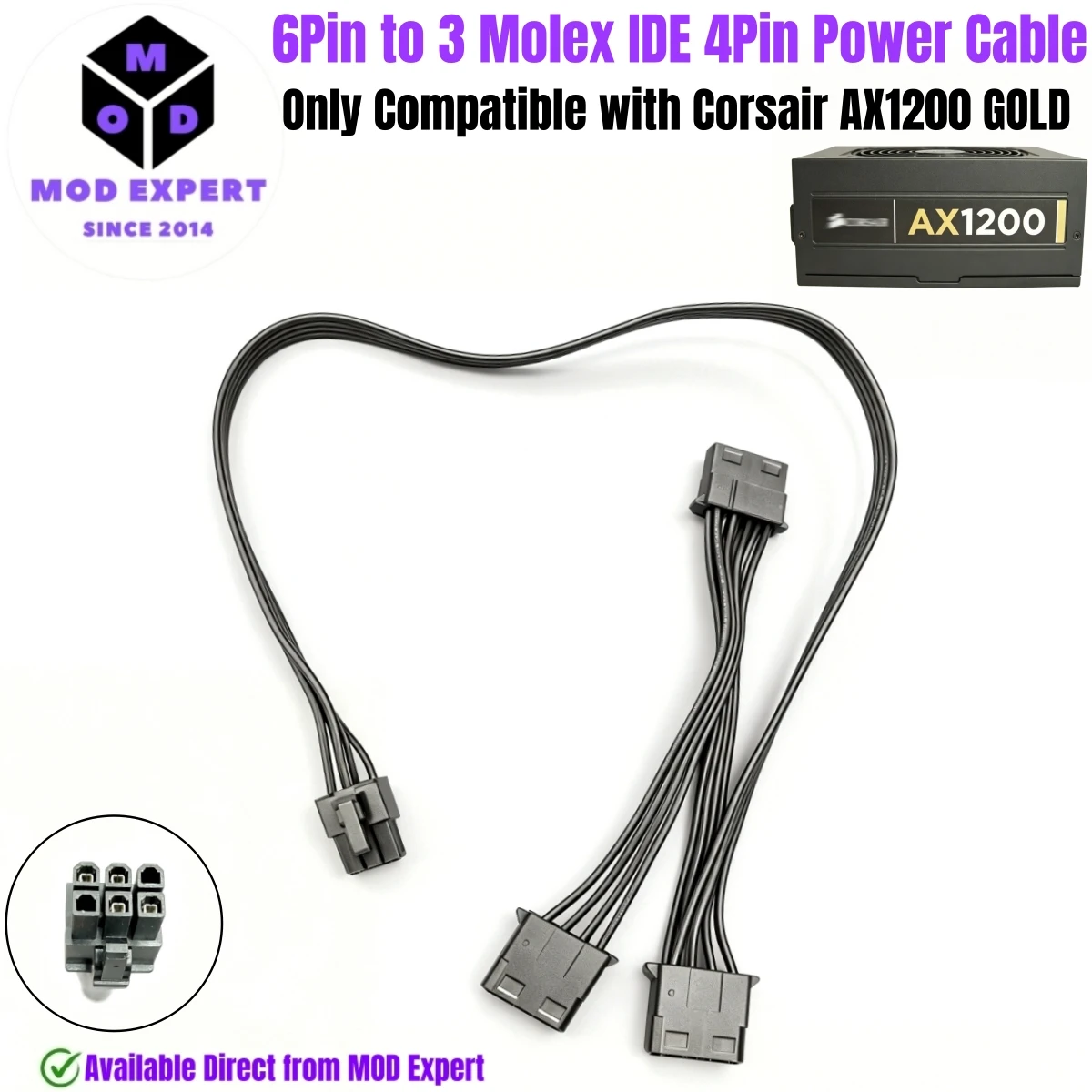 Cable de alimentación periférico IDE de 6 pines a 3 puertos IDE de 4 pines rectos, PATA PERIF para fuente de alimentación modular Corsair AX1200 Gold, 50+15+15 CM 18AWG