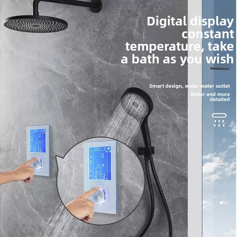 Intelligent touch-screen temperature-controlled shower valve bathing set - Function, flow, temperature control system with panel image 4