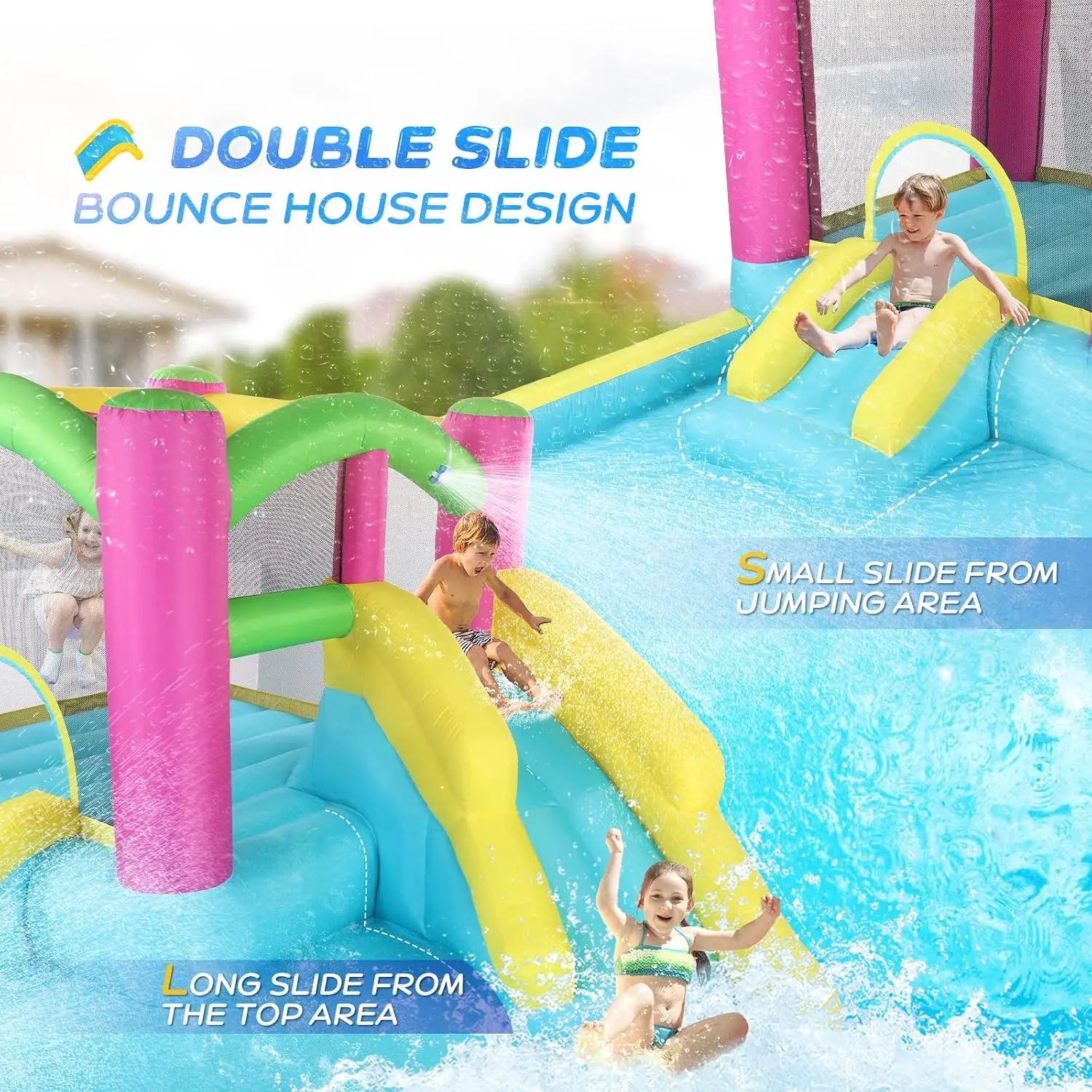 Inflatable Bounce House with Double Water Slide for Kids Toddler Age 3-10, Splash Pool Water Cannons, Ring-Toss Games for Outdoo view 2