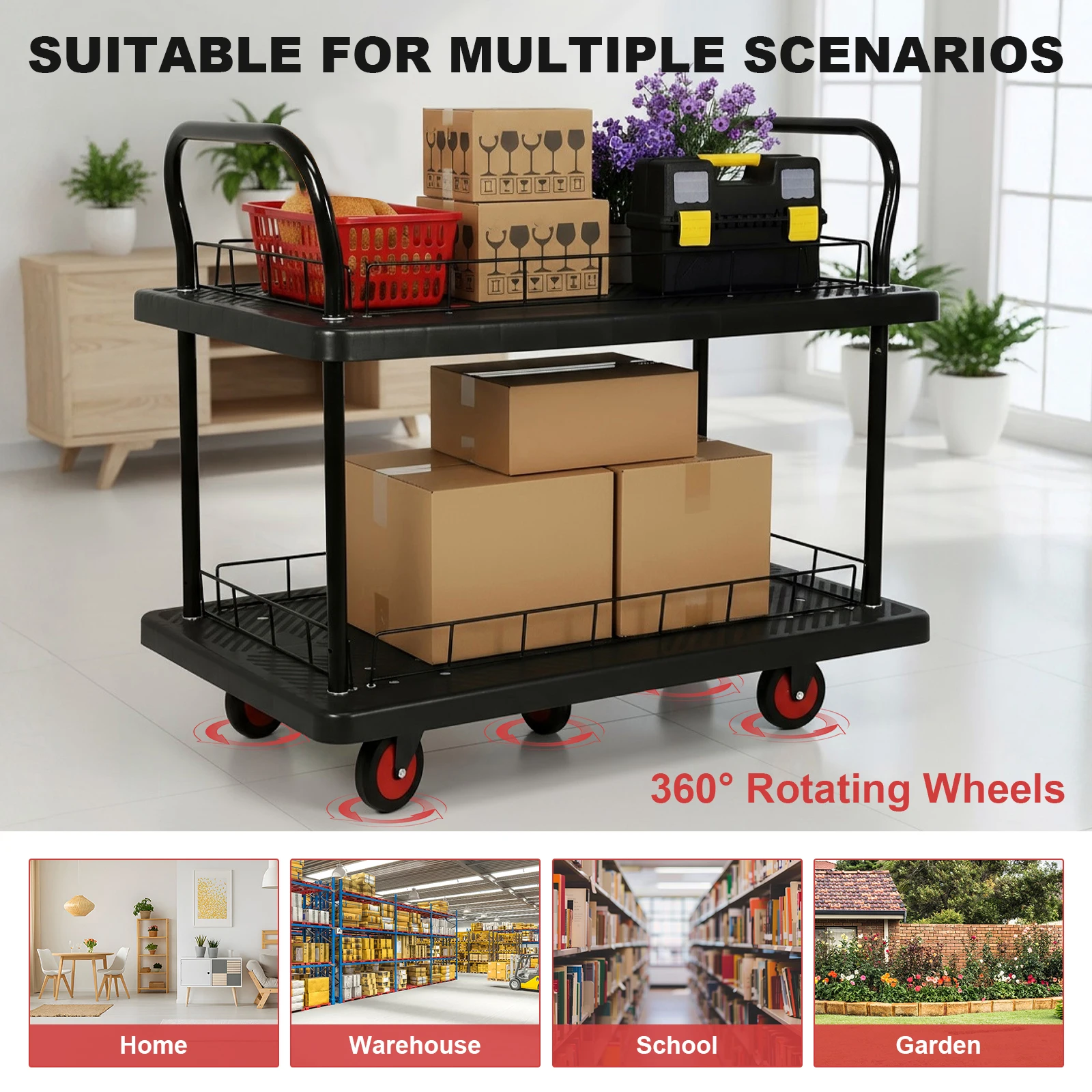 

2 Tier Service Utility Cart 880lbs Capacity Rolling Cart with Wheels for Groceries Warehouse Garage