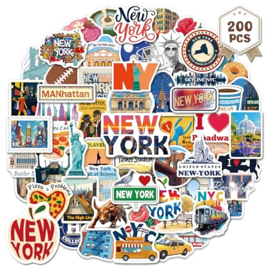 200PCS New York Stickers for Scrapbook Journal, Waterproof NYC Travel Vinyl Stickers for Luggage Water Bottle Laptop, New York