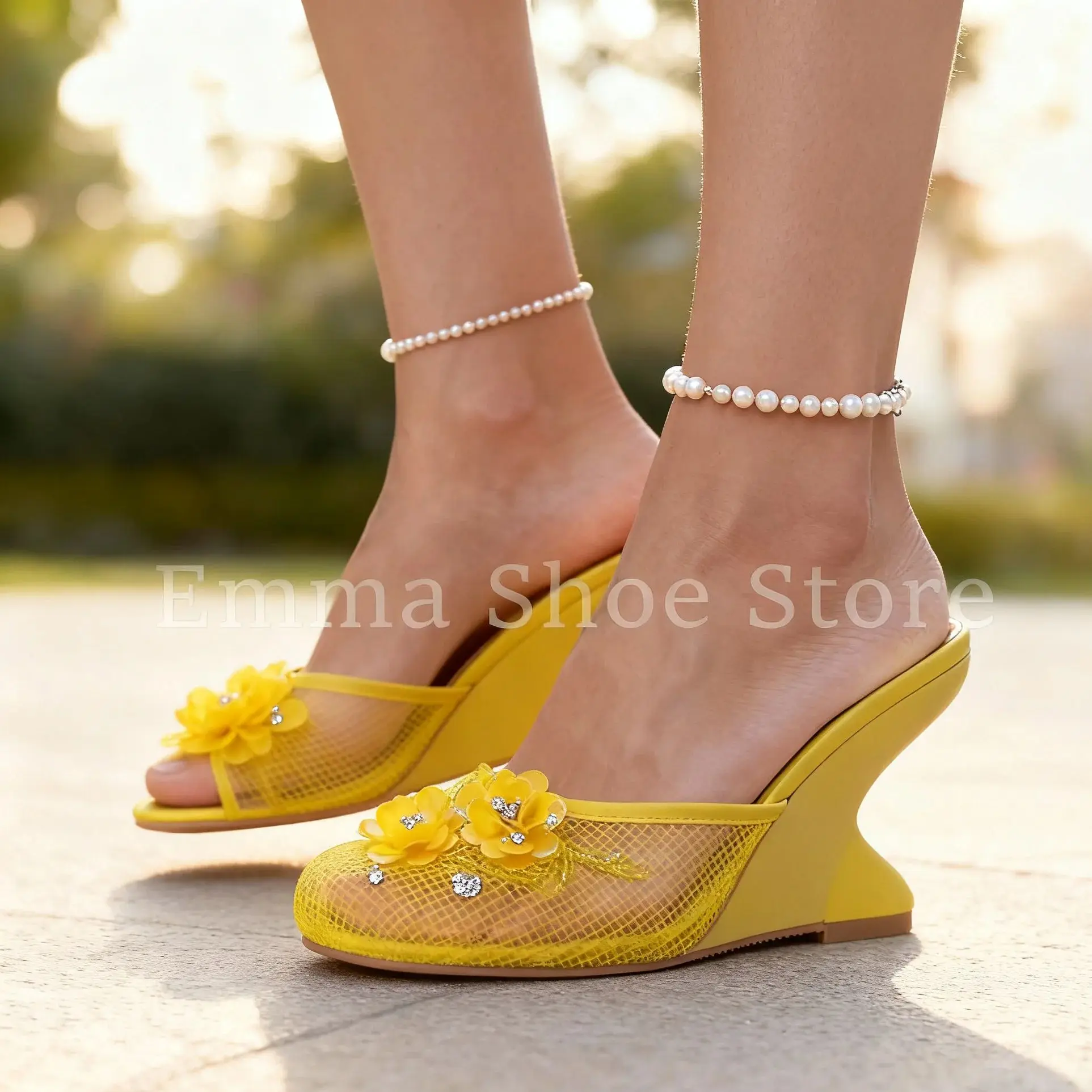 

Women's New Purple Floral Mesh Mules Slippers Summer Closed Toe Comfortable Sandals High Heel Ladies Casual Trendy Footwear