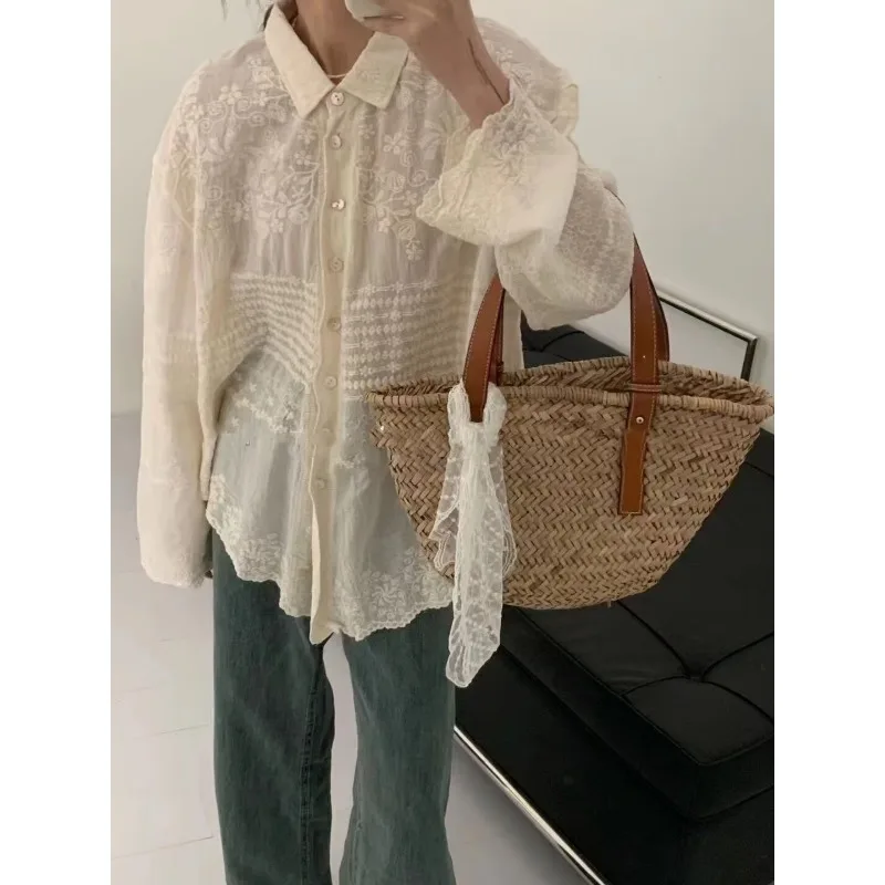 2024 Spring Retro Embroidered White Cotton Long sleeved Polo Neck Shirt Casual Loose Size Kimono Mujer New Cardigan Top