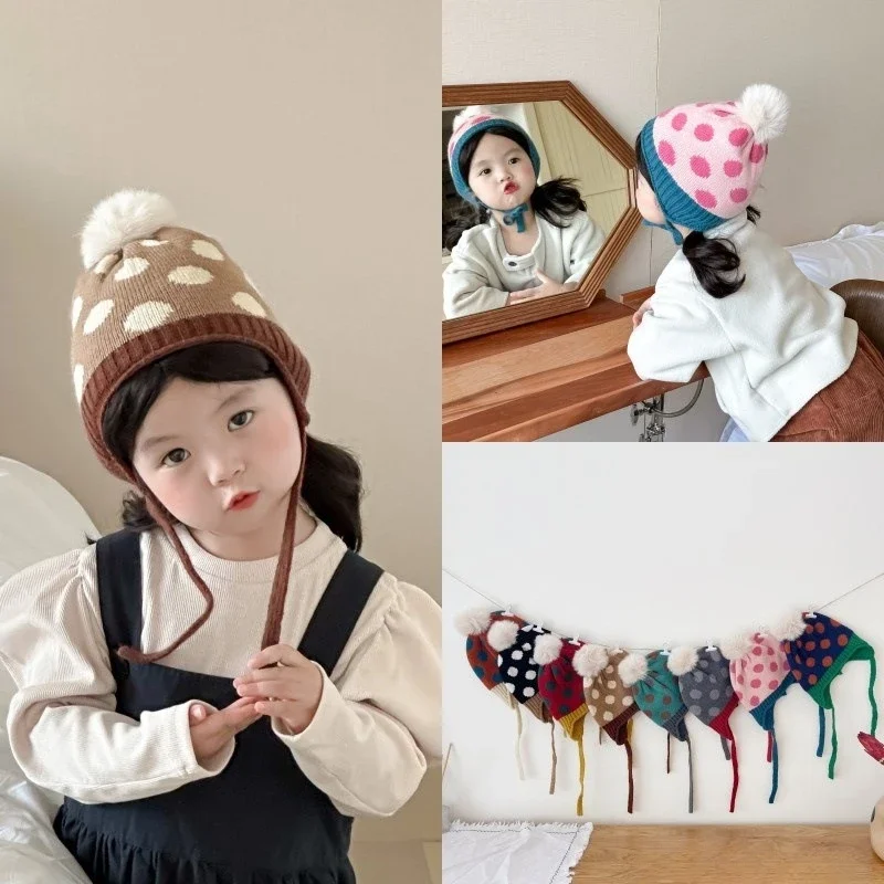 Cute Vintage Polka Dot Knit Hat for Kids Winter Cute Cross Furball Scarf Hat 2-piece Set Children Color-blocked Beanie