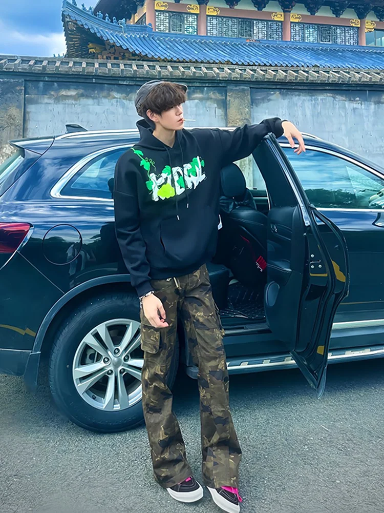 

Vintage Camouflage Workwear Jeans Men's High Street Vibe Logging Pants Tall Straight Leg Micro Flared Trousers Casual Cotton