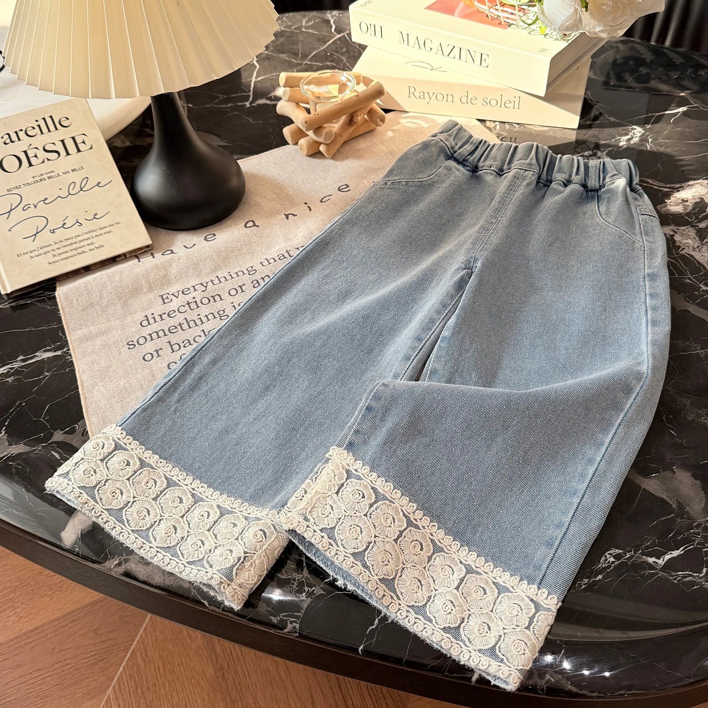 Girls' Korean Version Jeans Spring Autumn New Style Fashionable and Stylish Lace Straight Leg Pants Casual Pants