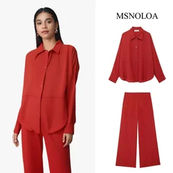 2024 Summer Female Suit Red Long Sleeve Single Breasted Fashion Turn-Down Collar Shirt+Pocket Zipper Wide Leg Pant Mujer