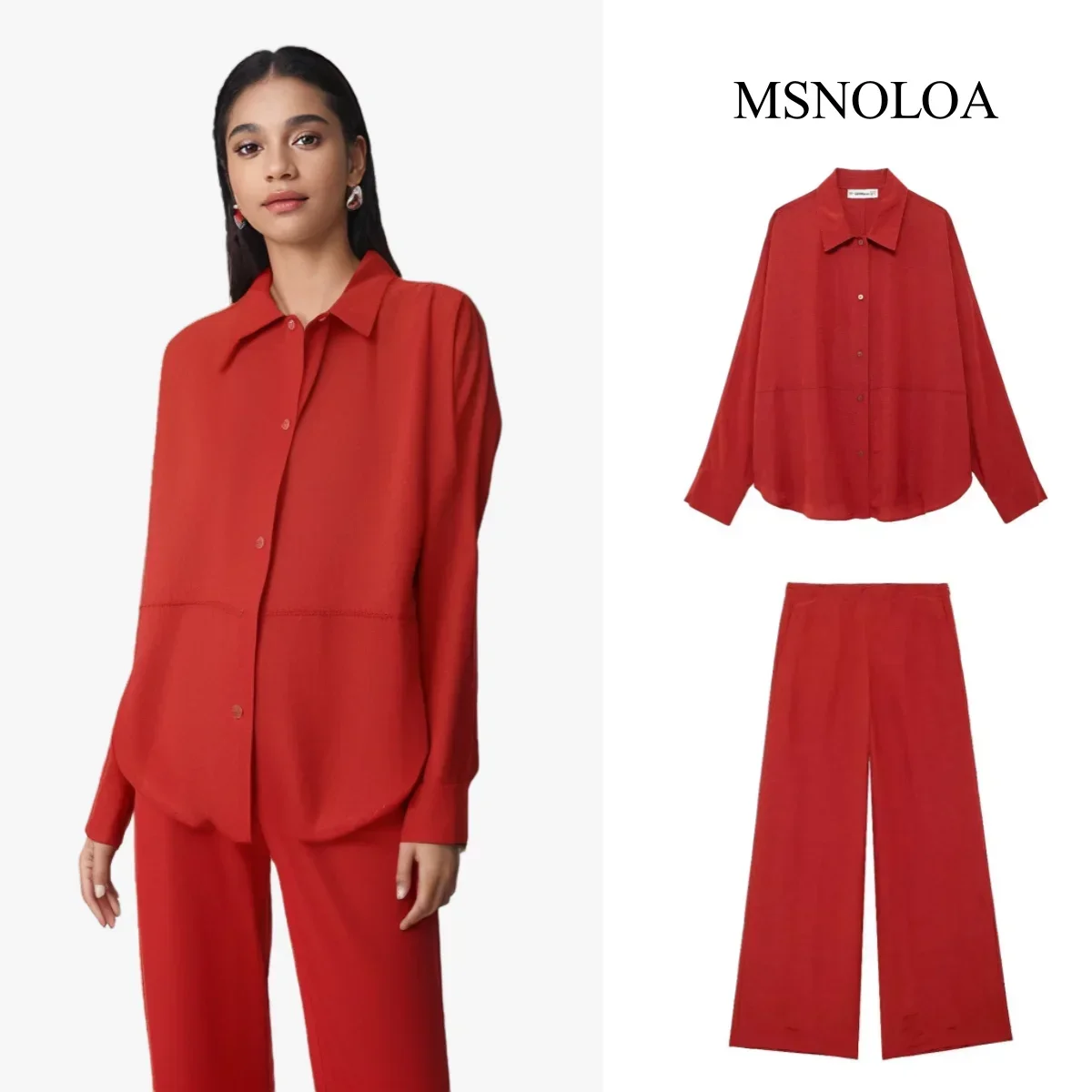 2024 Summer Female Suit Red Long Sleeve Single Breasted Fashion Turn-Down Collar Shirt+Pocket Zipper Wide Leg Pant Mujer