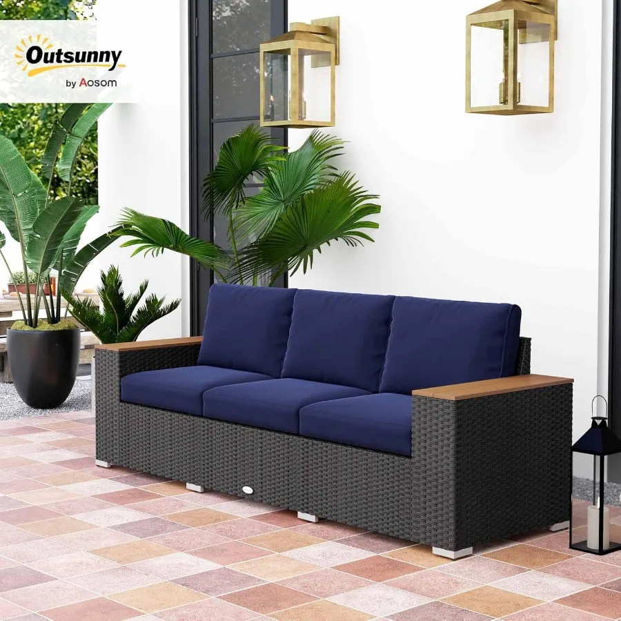 3Seat Outdoor Patio Sofa with Cushions in Navy Blue Featuring PE Rattan Wicker Construction and Wood Grain Design Wide Armrests