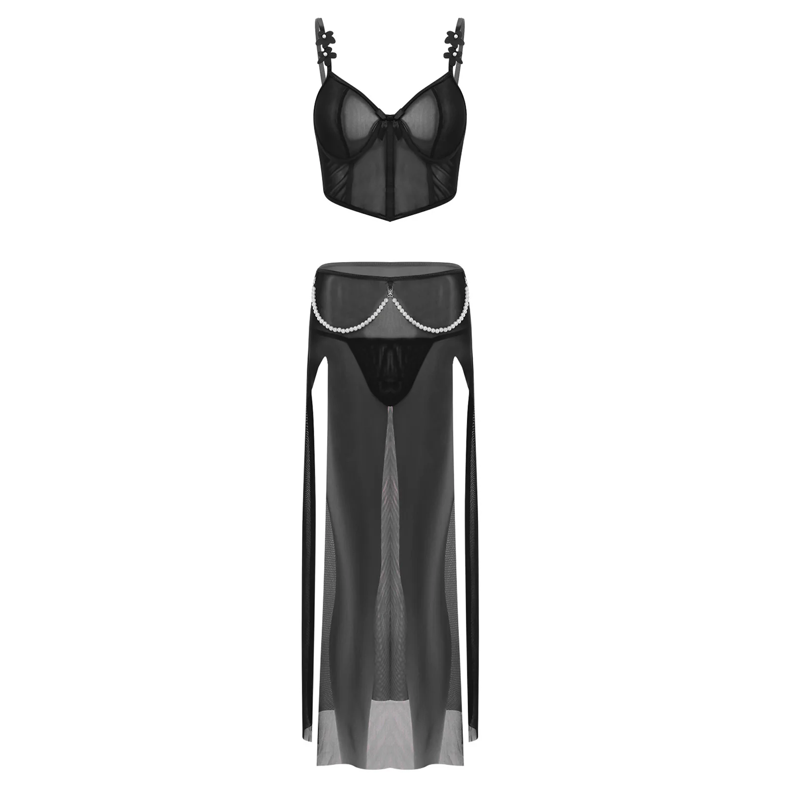 

Womens See Through Mesh Lingerie Set Unlined Underwire Bra Corset with T-back Thong and Split Maxi Skirt Nightwear Set