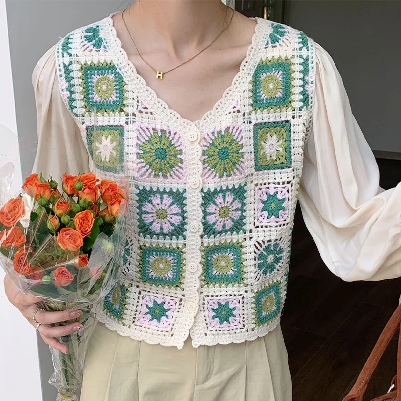 Long Sleeve Floral Crochet Top Women Flower Embroidery Open Knit Button Front Fairycore Blouse Spring Summer Boho Outfit